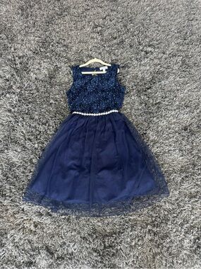 Speechless Navy Beaded Tulle Dress with Jewel Waistband